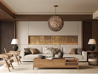 Song's Living Room Sofa Coffee Table Combination Green Plant Ornaments Table Lamp Chandelier Background Wall 3d model