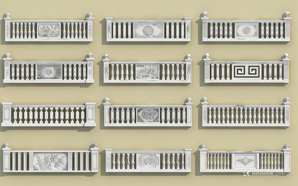 Decorative Railings Collection Featuring Various Carved Patterns And Classic Designs 3d model