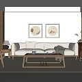 Modern Minimalist Living Room Interior With Beige Sofa Circular Artworks And Wooden Coffee Table