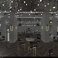 Modern Bar Interior Design With Chandelier Lighting Marble Tables And Metal Chairs