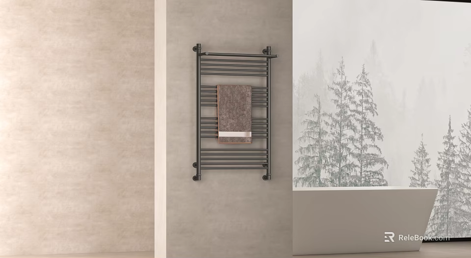 Modern Bathroom Towel Rack With Black Design Hanging Towel And Tree Pattern On Light Wall 3d model 
