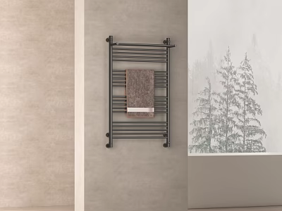 Modern Bathroom Towel Rack With Black Design Hanging Towel And Tree Pattern On Light Wall 3d model