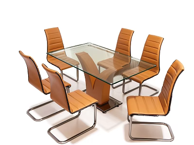 Modern Leisure Chairs In Orange Leather With Metal Frame And Glass Dining Table 3d model