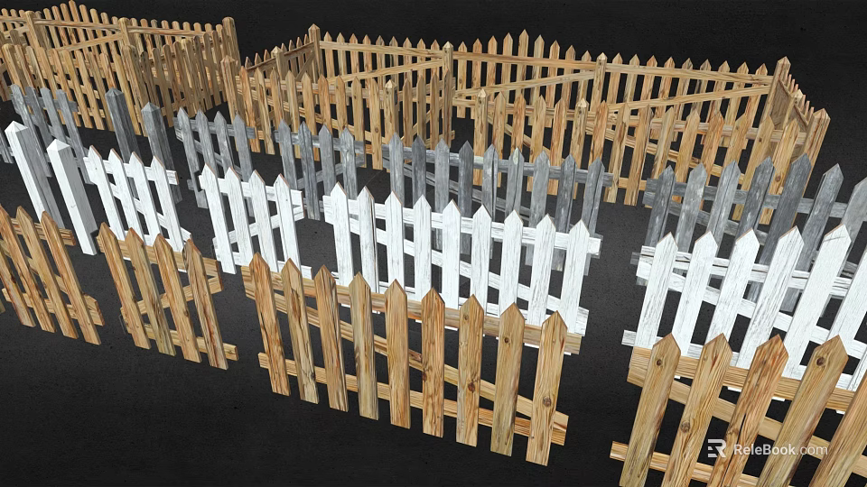 Various Styles Of Wooden Fences In White Gray And Natural Wood Colors 3d model 