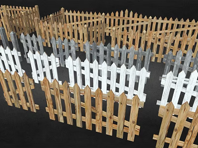 Various Styles Of Wooden Fences In White Gray And Natural Wood Colors 3d model