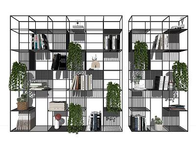 Modern Black Grid Open Bookshelf With Books Green Plants And Decorative Items 3d model