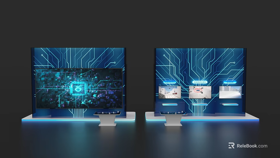 Display Island Featuring Blue Circuit Board Background Screens Tech Pattern Small Windows And Blue Lighting 3d model 