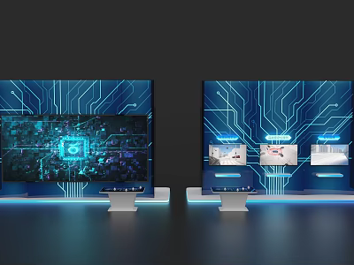 Display Island Featuring Blue Circuit Board Background Screens Tech Pattern Small Windows And Blue Lighting 3d model