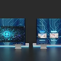 Display Island Featuring Blue Circuit Board Background Screens Tech Pattern Small Windows And Blue Lighting