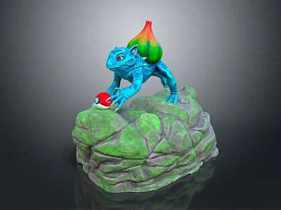 Blue Game Character With Green Red Back Holding Red White Ball On Green Rock 3d model