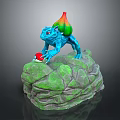 Blue Game Character With Green Red Back Holding Red White Ball On Green Rock