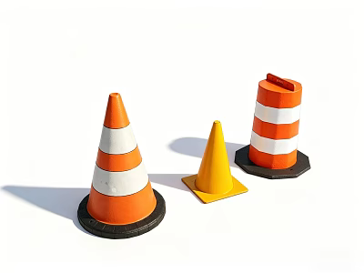 Public Facilities Safety Traffic Cones With Orange White Stripes And Yellow Black Bases 3d model