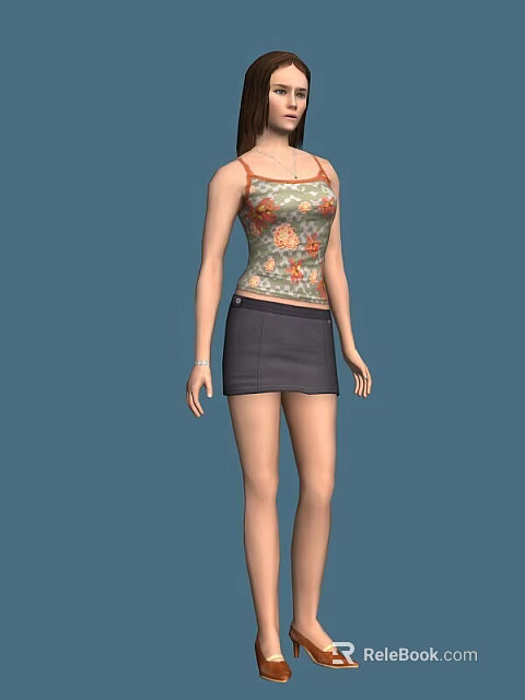 3D Game and Film Character Wearing Floral Pattern Spaghetti Strap Top and Dark Skirt 3d model 