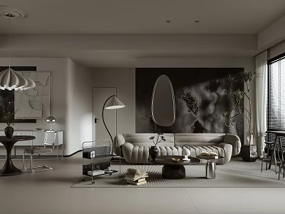 Elegant Modern Living Dining Room Interior With Beige Sofa Coffee Table And Decorative Mirror Plants 3d model