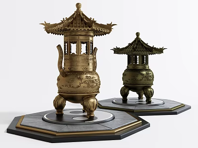 Chinese Style Pagoda Shaped Decorative Ornament Set With Metal Craftsmanship And Hexagonal Base 3d model