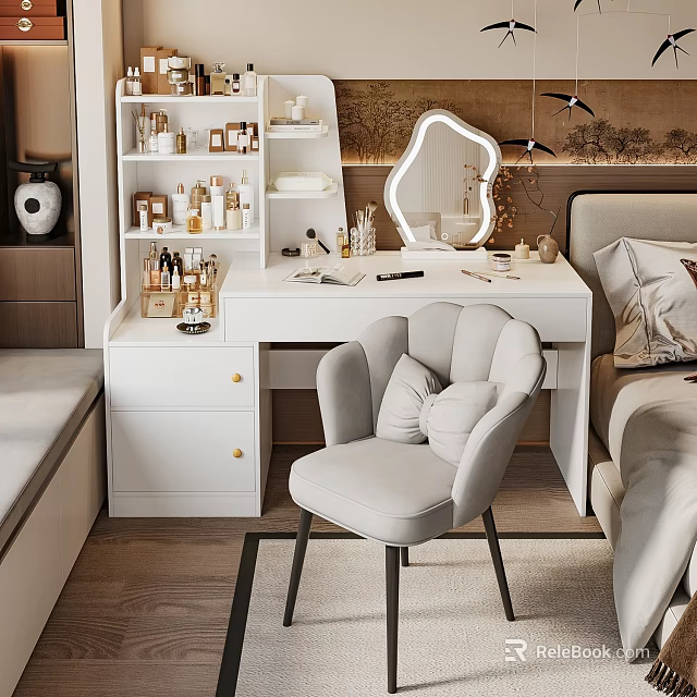 Modern Bedroom Interior With White Vanity Upholstered Chair Round Mirror And Decor Shelves 3d model 
