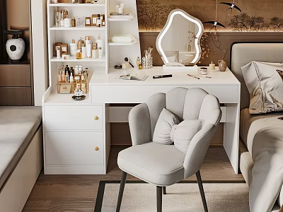 Modern Bedroom Interior With White Vanity Upholstered Chair Round Mirror And Decor Shelves 3d model