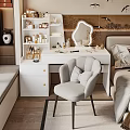 Modern Bedroom Interior With White Vanity Upholstered Chair Round Mirror And Decor Shelves