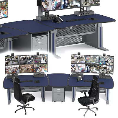 Professional Office Desk Setup With Multiple Monitor Screens Keyboard And Drawers 3d model