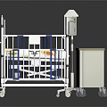 Modern White Baby Crib With Blue Rails And Rolling Storage Cart Furniture