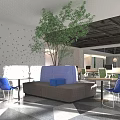 Modern Public Office Space With Green Chairs Computers Hanging Lights And Geometric Floor