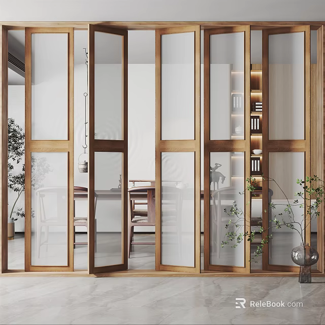 Modern Interior Wooden Frame Glass Panel Partition for Living Dining Room Divider with Green Plants 3d model 