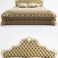 Elegant Double Bed With Golden Bordered Diamond Tufted Headboard And Beige Ruffled Bedspread 3d model