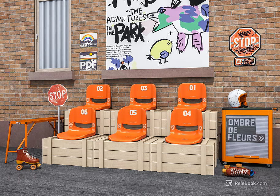 Orange Numbered Leisure Chairs Against Brick Wall With Graffiti And Stop Sign 3d model 