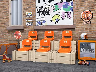 Orange Numbered Leisure Chairs Against Brick Wall With Graffiti And Stop Sign 3d model