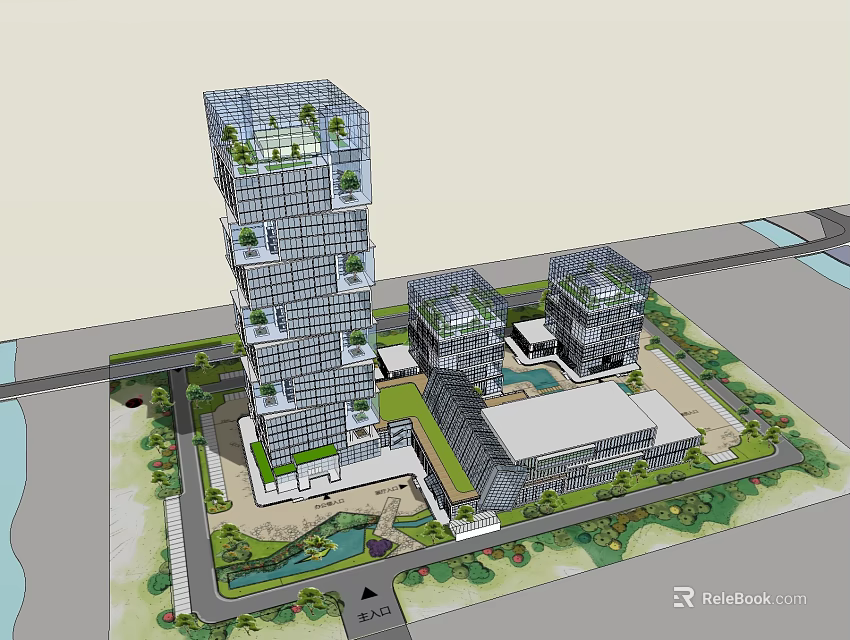 Modern Office Building Complex Featuring Glass Facades Greenery Courtyard And Pool 3d model