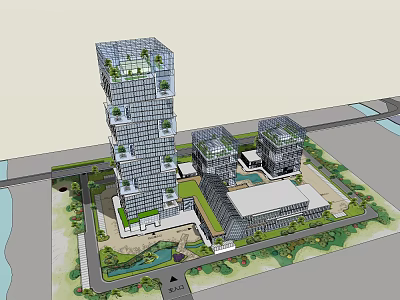 Modern Office Building Complex Featuring Glass Facades Greenery Courtyard And Pool 3d model