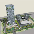 Modern Office Building Complex Featuring Glass Facades Greenery Courtyard And Pool 3d model
