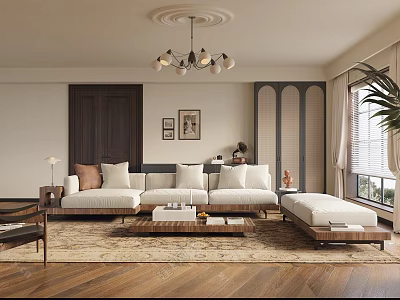 Modern Cozy Living Room Interior With Large Sofa Wooden Coffee Table And Chandelier Rug 3d model