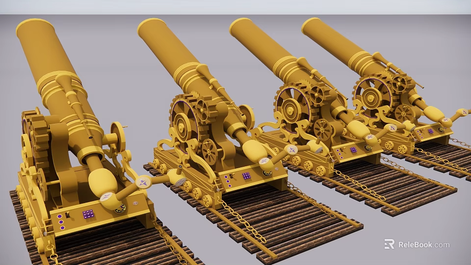 Multiple Arranged Decorative Yellow Cannon Model Ornament With Gears And Tracks 3d model 