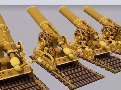 Multiple Arranged Decorative Yellow Cannon Model Ornament With Gears And Tracks 3d model