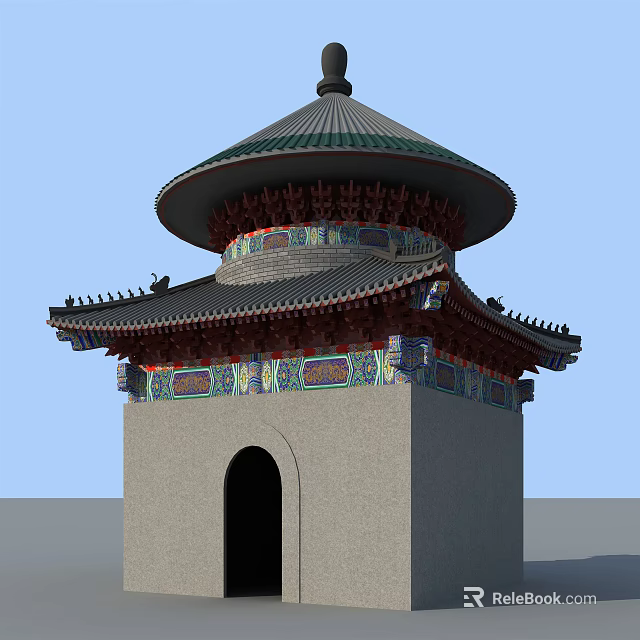 Traditional Ancient Chinese Architecture with Multi Tiered Green Roof Colorful Paintings and Arched Doorway 3d model 
