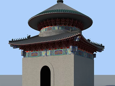Traditional Ancient Chinese Architecture with Multi Tiered Green Roof Colorful Paintings and Arched Doorway 3d model