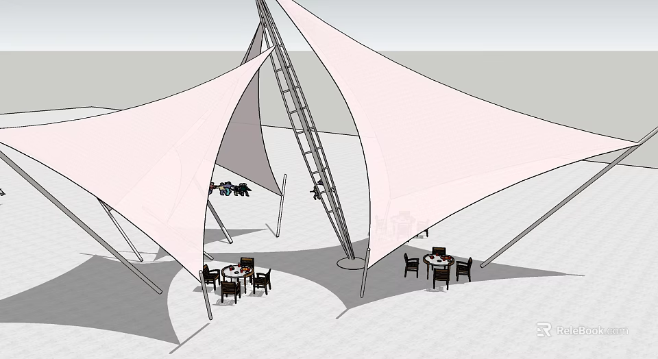 Tensile Membrane Outdoor Shade Structure With Seating Tables And Chairs 3d model