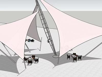 Tensile Membrane Outdoor Shade Structure With Seating Tables And Chairs 3d model