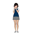 Woman in Blue Vest White Top Gray Pleated Skirt and White Shoes on Simple Black Background