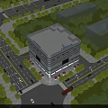 Modern Office Building With Glass Facade Surrounded by Greenery Roads and Vehicles
