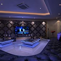 Luxury KTV Interior Design With Black Leather Sofas Coffee Table And Decorative Walls