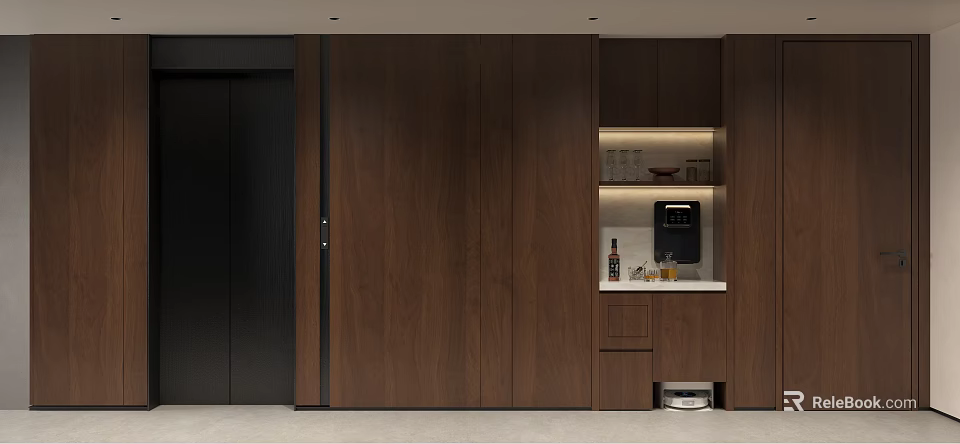Modern Entryway Interior With Walnut Wood Built in Storage Cabinets And Lighting Niche 3d model 