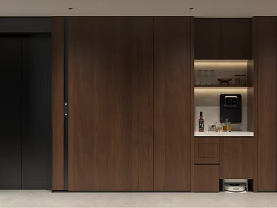 Modern Entryway Interior With Walnut Wood Built in Storage Cabinets And Lighting Niche 3d model