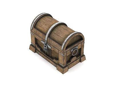 Vintage Wooden Chest with Metal Bands Lock Ring Handle and Solid Wood Construction 3d model