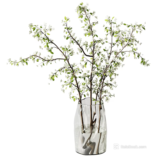 Decorative Transparent Vase Holding White Small Flowers And Green Leafy Branches 3d model 