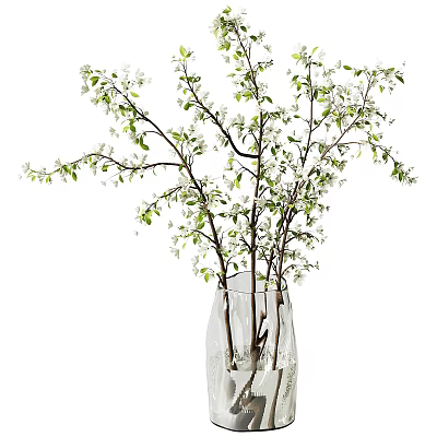 Decorative Transparent Vase Holding White Small Flowers And Green Leafy Branches 3d model