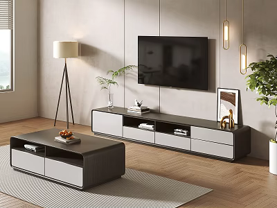 Modern Luxury Living Room Interior With TV Stand Coffee Table Floor Lamp And Green Plant 3d model