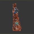 Red Brick Wall Featuring Colorful Graffiti Blue Cartoon Character And Yellow Objects
