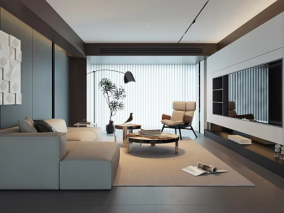 Modern Living Room Interior Design With Light Gray Sofa Armchair Coffee Table And Floor Lamp 3d model